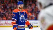 Jun 21, 2024; Edmonton, Alberta, CAN; Edmonton Oilers center Connor McDavid (97) against the Florida Panthers during the second period in game six of the 2024 Stanley Cup Final at Rogers Place. Mandatory Credit: Sergei Belski-USA TODAY Sports