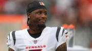 Cincinnati Bengals wide receiver Tee Higgins (5) looks towards Cleveland Browns fans in the closing moments of the fourth quarter of an NFL football game between the Cincinnati Bengals and Cleveland Browns, Sunday, Sept. 10, 2023, at Cleveland Browns Stadium in Cleveland.