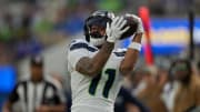 Nov 19, 2023; Inglewood, California, USA; Seattle Seahawks wide receiver Jaxon Smith-Njigba (11) makes a catch in the first quarter against the Los Angeles Rams at SoFi Stadium. Mandatory Credit: Kirby Lee-USA TODAY Sports