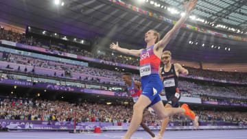 Aug 6, 2024; Saint-Denis, FRANCE; Cole Hocker (USA) wins the men's 1500m final during the Paris 2024 Olympic Summer Games at Stade de France. Mandatory Credit: Kirby Lee-USA TODAY Sports