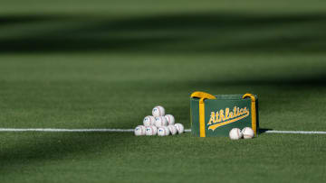 Aug 22, 2022; Oakland, California, USA; General view of the baseballs during batting practice between the Oakland Athletics and the Miami Marlins at RingCentral Coliseum. Mandatory Credit: Stan Szeto-USA TODAY Sports