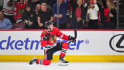 Apr 14, 2024; Chicago, Illinois, USA; Chicago Blackhawks forward Frank Nazar (91) celebrates after