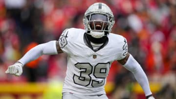 Dec 25, 2023; Kansas City, Missouri, USA; Las Vegas Raiders cornerback Nate Hobbs (39) celebrates during the first half against the Kansas City Chiefs at GEHA Field at Arrowhead Stadium. Mandatory Credit: Jay Biggerstaff-USA TODAY Sports