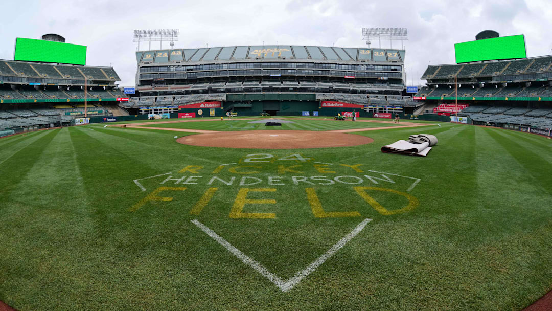 Aug 24, 2024; Oakland, California, USA; A general view of Oakland-Alameda County Coliseum as seen from behind home plate before a major league baseball game between the Oakland Athletics and the Milwaukee Brewers.  Mandatory Credit: Robert Edwards-Imagn Images