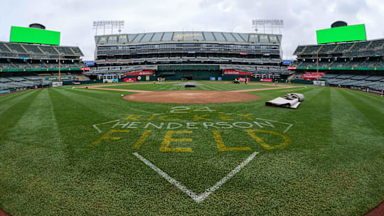 Aug 24, 2024; Oakland, California, USA; A general view of Oakland-Alameda County Coliseum as seen from behind home plate before a major league baseball game between the Oakland Athletics and the Milwaukee Brewers.  Mandatory Credit: Robert Edwards-Imagn Images