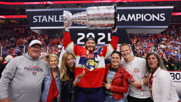 Panthers forward Matthew Tkachuk celebrates winning the Stanley Cup after defeating the Edmonton Oilers in Game 7 of the 2024 Stanley Cup Final at Amerant Bank Arena.