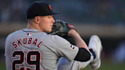 Sep 6, 2024; Oakland, California, USA; Detroit Tigers starting pitcher Tarik Skubal (29) warms up before the game against the Oakland Athletics at Oakland-Alameda County Coliseum. Mandatory Credit: Darren Yamashita-Imagn Images