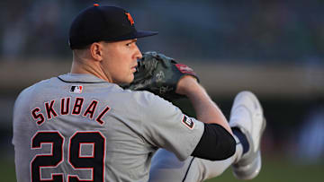 Sep 6, 2024; Oakland, California, USA; Detroit Tigers starting pitcher Tarik Skubal (29) warms up before the game against the Oakland Athletics at Oakland-Alameda County Coliseum. Mandatory Credit: Darren Yamashita-Imagn Images