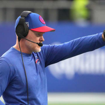 Oct 8, 2023; London United Kingdom; Buffalo Bills coach Sean McDermott gestures during the second half of an NFL International Series game against the Jacksonville Jaguars at Tottenham Hotspur Stadium. 