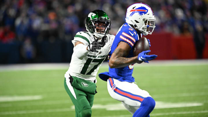 Nov 19, 2023; Orchard Park, New York, USA; Buffalo Bills cornerback Rasul Douglas (31) intercepts a ball intended for New York Jets wide receiver Garrett Wilson (17) in the second quarter at Highmark Stadium. 