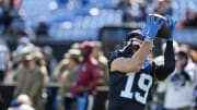 Carolina Panthers wide receiver Adam Thielen (19) makes a catch during pregame warm ups against the Tampa Bay Buccaneers at Bank of America Stadium in Charlotte, N.C., on Jan. 7, 2024. 