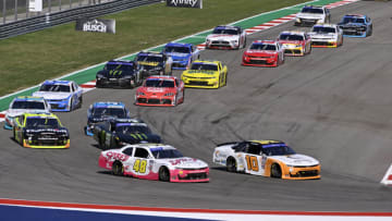 AUSTIN, TEXAS - MARCH 25: AJ Allmendinger, driver of the #10 Celsius Chevrolet, and Parker Kligerman, driver of the #48 Big Machine Racing Spiked Chevrolet, lead the field during the NASCAR Xfinity Series Pit Boss 250 at Circuit of The Americas on March 25, 2023 in Austin, Texas. (Photo by Logan Riely/Getty Images)