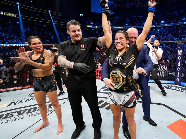 Julianna Pena reacts after defeating Amanda Nunes