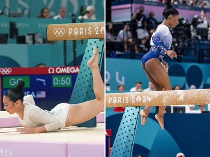 Simone Biles And Suni Lee Both Falling Off The Balance Beam At The 2024 Summer Olympics Photos