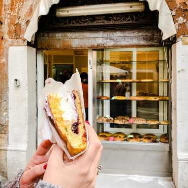 The crostata, with the storefront in the background.