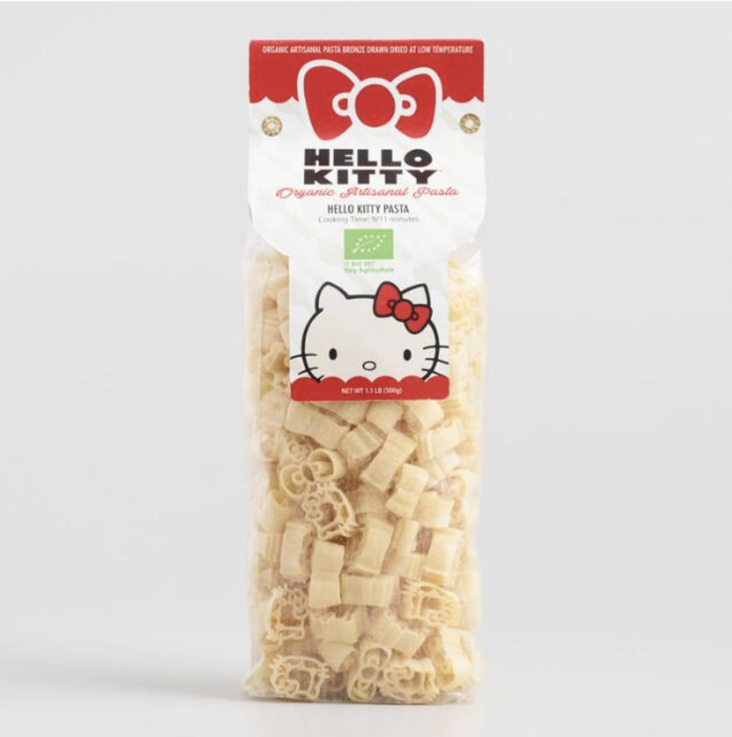 A transparent plastic bag full of pasta shaped like Hello Kitty&#x27;s face and her iconic hair bow 