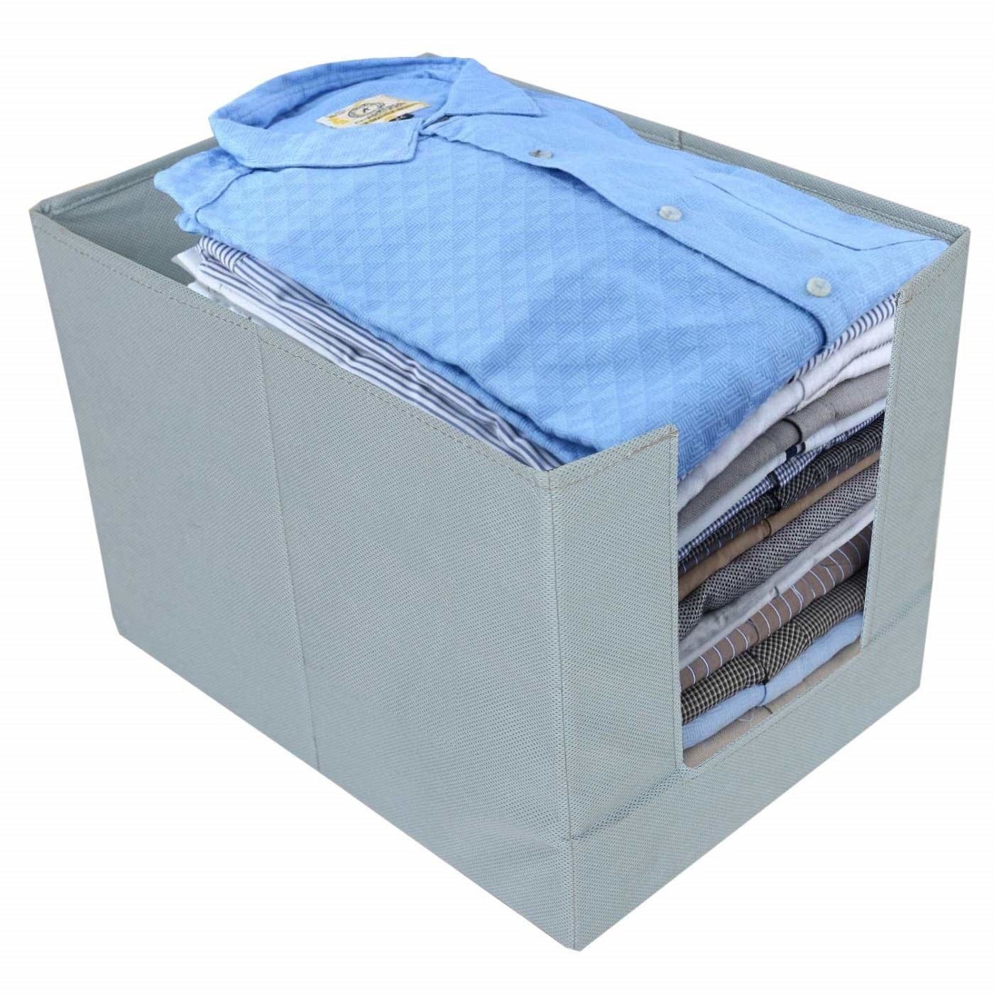 A wardrobe organiser with clothes in it 