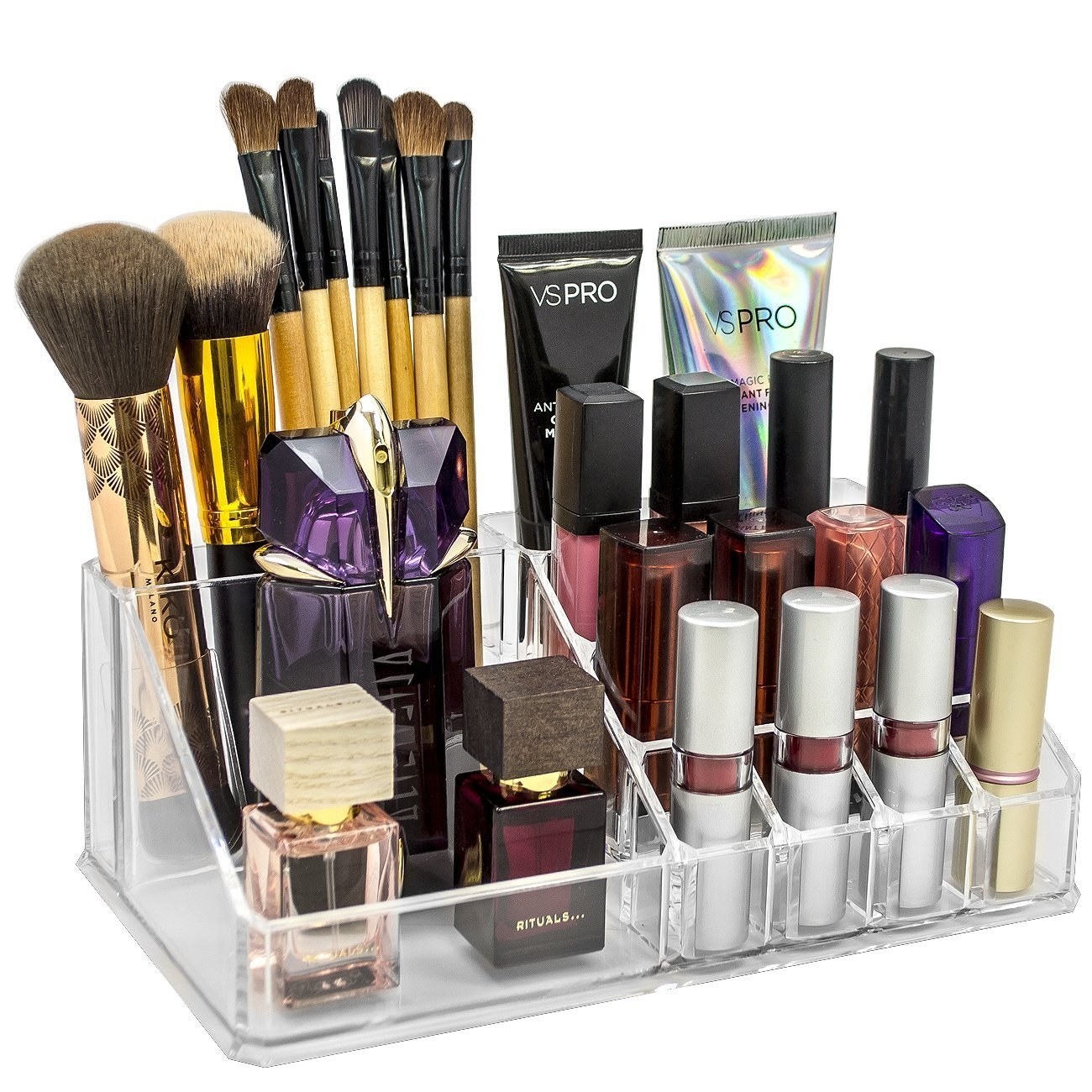 A makeup organiser with makeup in it 