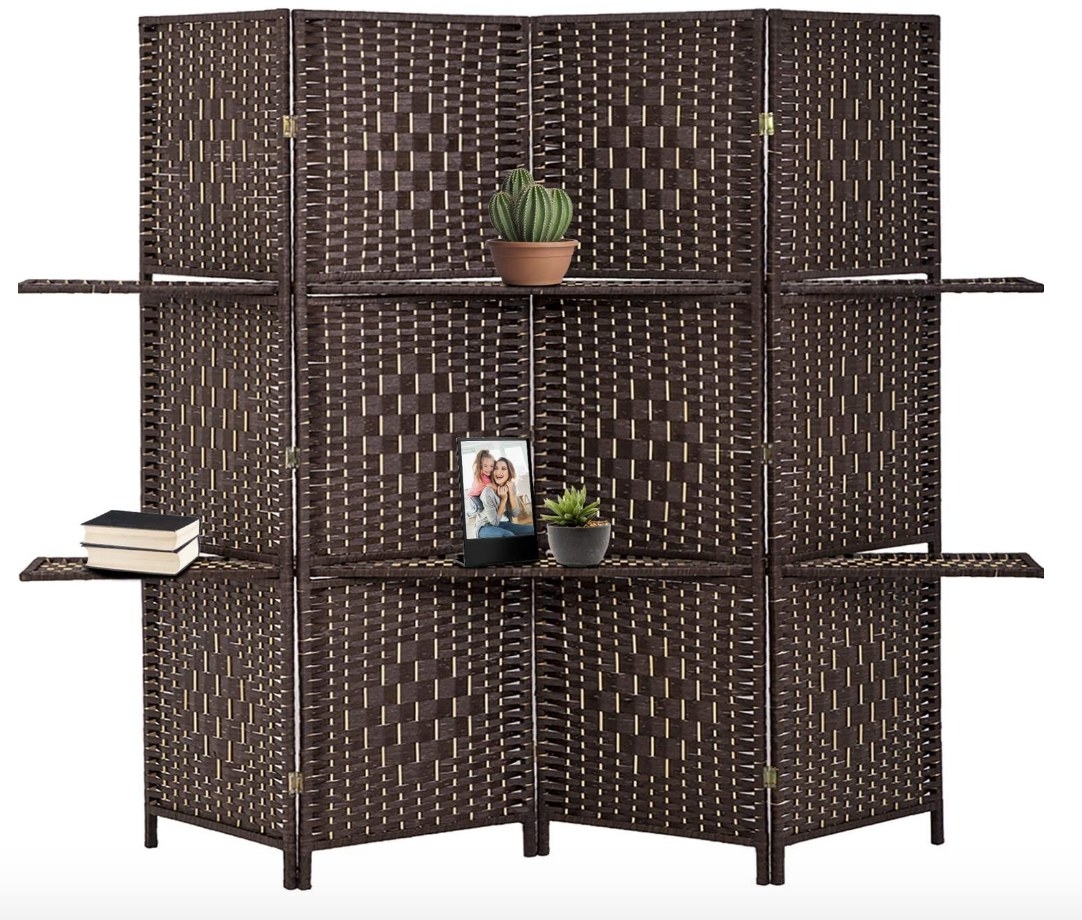 Four panel room divider with shelving