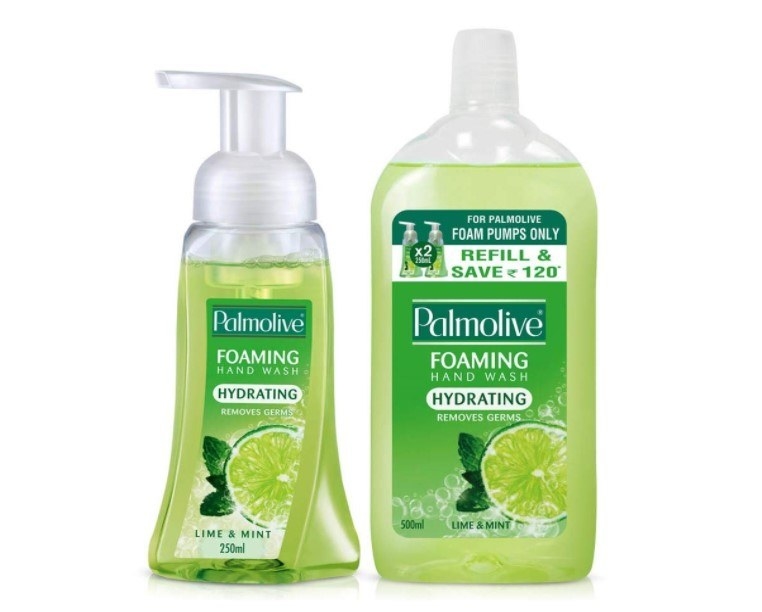 A Palmolive foaming handwash bottle with a refill pack.