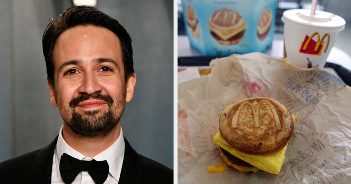 Lin-Manuel Miranda side by side with a breakfast sandwich and soda from McDonald&#x27;s