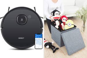 2-in-1 robotic vacuum cleaner with smartphone navigation, a storage ottoman with toys inside