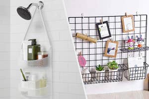 a 2-shelf shower caddy hung around a shower head with bath products in it, a black steel grid with photos and stationery attached to it