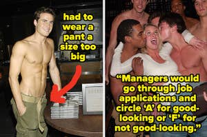 An Abercrombie model wearing a pant size too big, and employees flirting