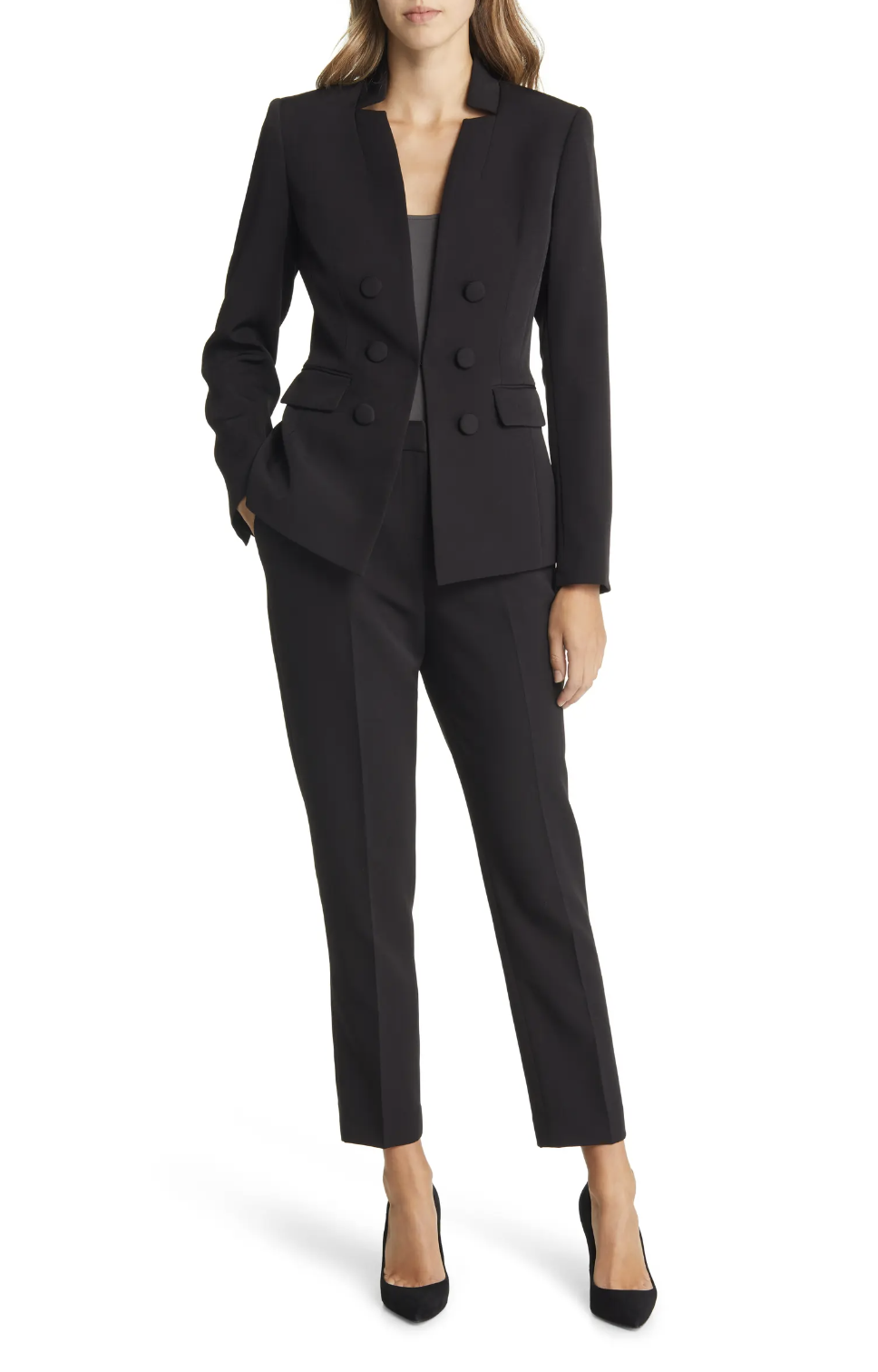 model wearing the pantsuit in black