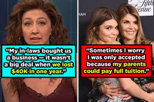 Heidi Gardner looking shocked, and Olivia Jade Giannulli and Lori Loughlin