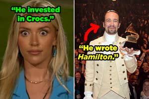 A woman looking shocked, and Lin-Manuel Miranda