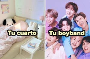 Miembros de BTS sonriendo juntos. A la izquierda, una habitación con peluches y un cartel de 'police'