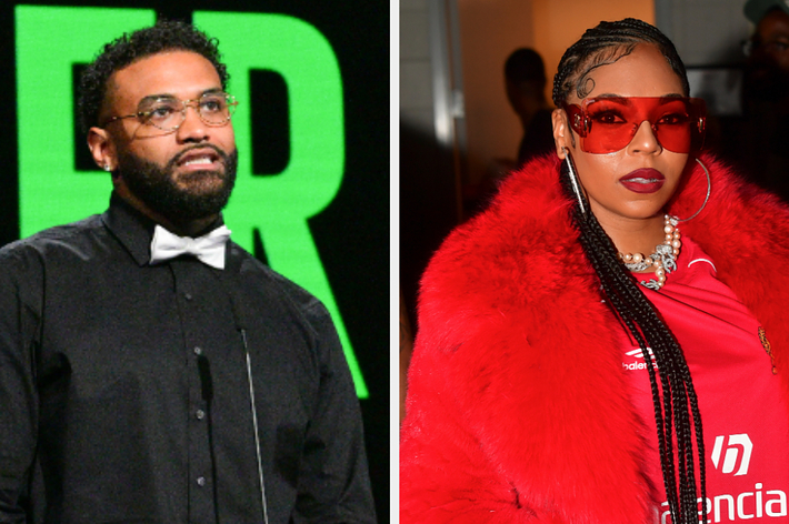 Two separate photos: man in black suit and bowtie, woman in red fur coat and matching eyewear