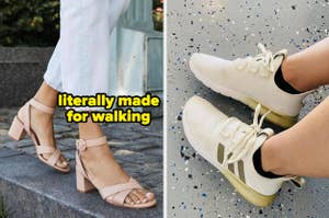 Two side-by-side photos: left, a person wearing beige heeled sandals; right, another in cream sneakers with gold accents