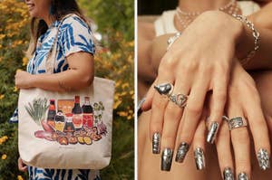 Woman carrying a tote bag; close-up of hands with metallic nail art showcasing jewelry