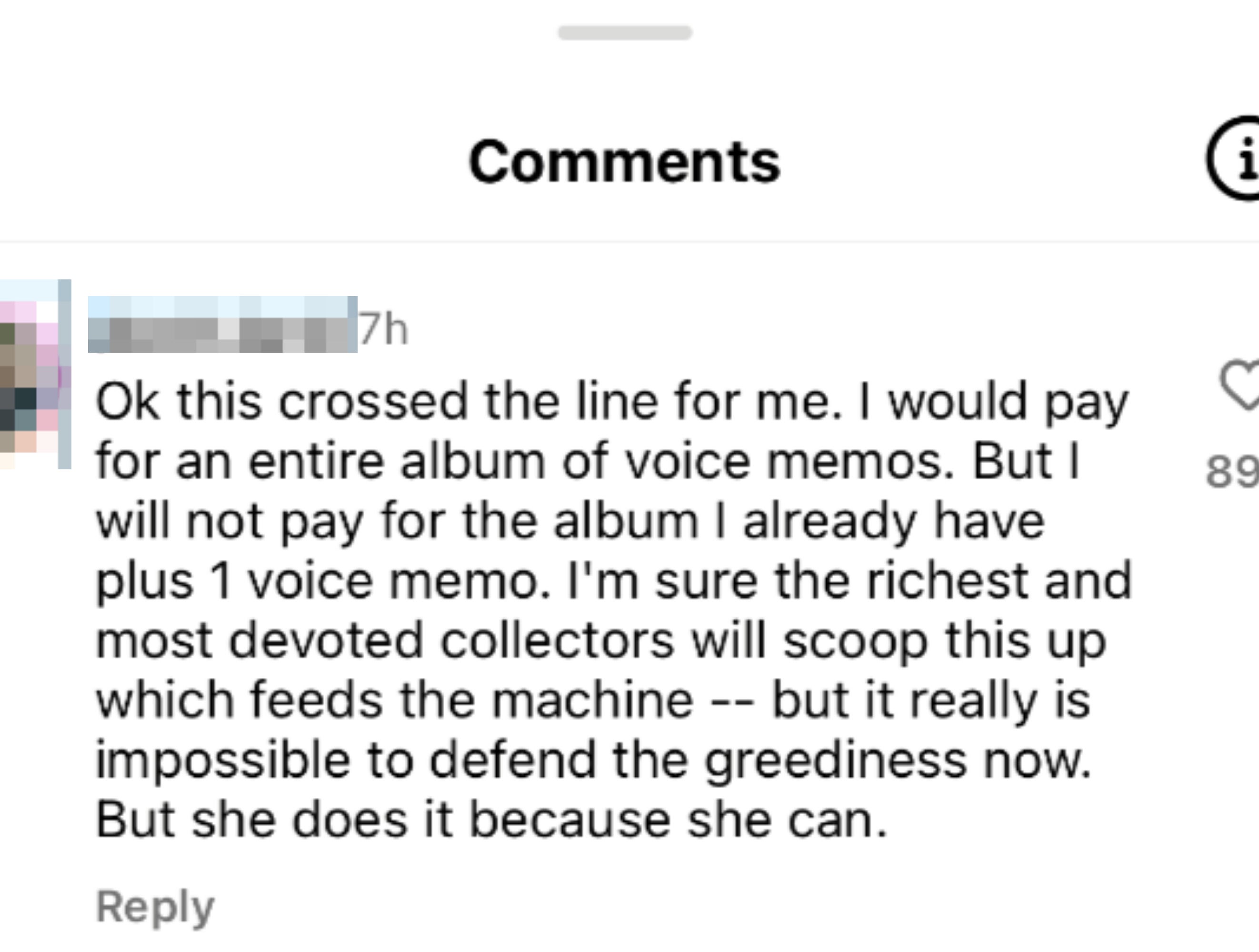 Screenshot of an Instagram comment