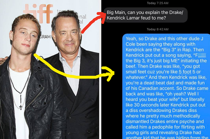 Chet Hanks and Tom Hanks at a TIFF event; Right side: a text explaining the Drake/Kendrick Lamar feud