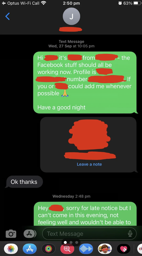 Text message screenshot discussing issues with Facebook stuff, including request for profile addition and apologies for late notice due to not feeling well