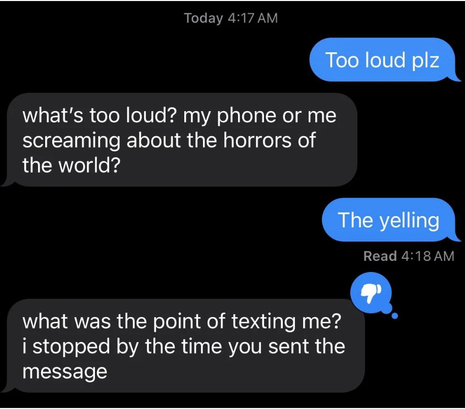 Text exchange: Person 1: Too loud plz. Person 2: What&#x27;s too loud? My phone or me screaming about the horrors of the world? Person 1: The yelling. Person 2: What was the point of texting me?