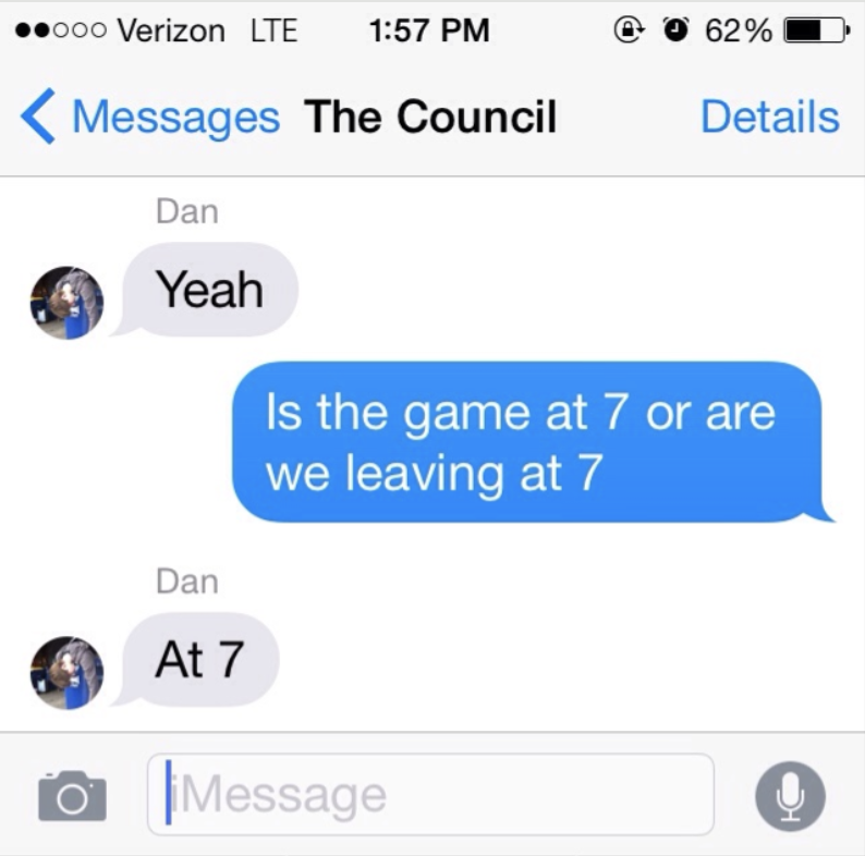 Text message conversation between Dan and an unnamed contact in a group named &quot;The Council.&quot; Dan confirms the game is at 7