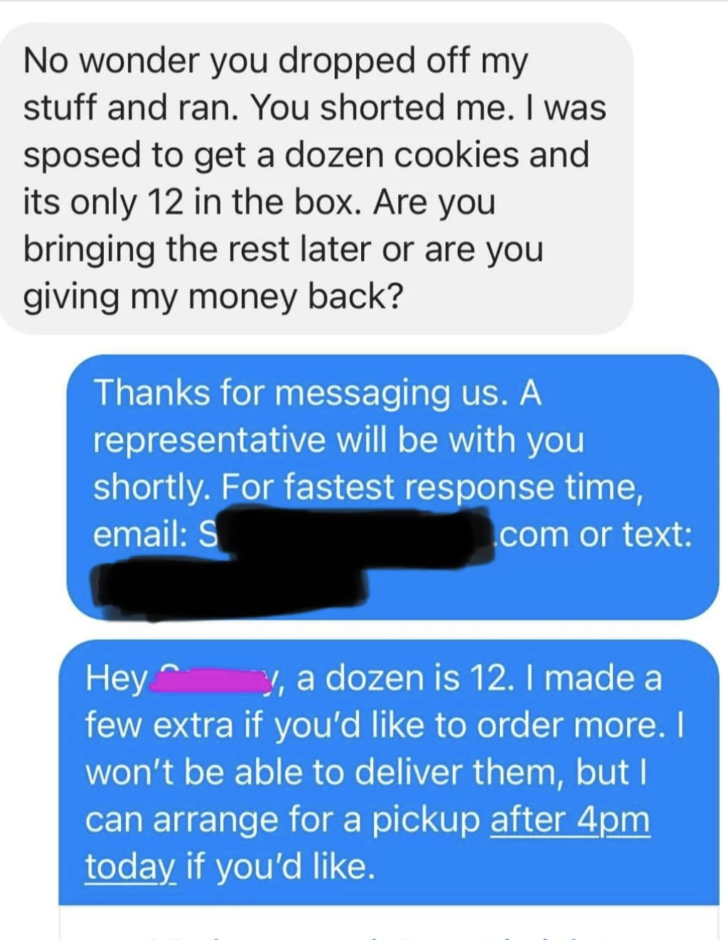 Text conversation about missing cookies in an order, ending with a resolution offering a pickup for additional cookies