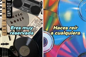 Collage musical con íconos como guitarra, discos y CD. Texto en la imagen: "Eres muy reservada" y "Haces reír a cualquiera"