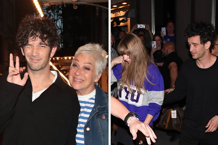 Two images side by side; left shows a man and woman smiling casually, right shows a man and woman walking and laughing among a crowd