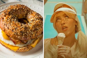 On the left, a bacon, egg, and cheese bagel on left, and on the right, Sabrina Carpenter holding a melting vanilla ice cream cone in the Espresso music video