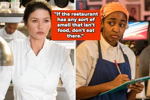 Catherine Zeta-Jones and Ayo Edebiri dressed in chef and waiter attire. Text: "If the restaurant has any sort of smell that isn't food, don't eat there."