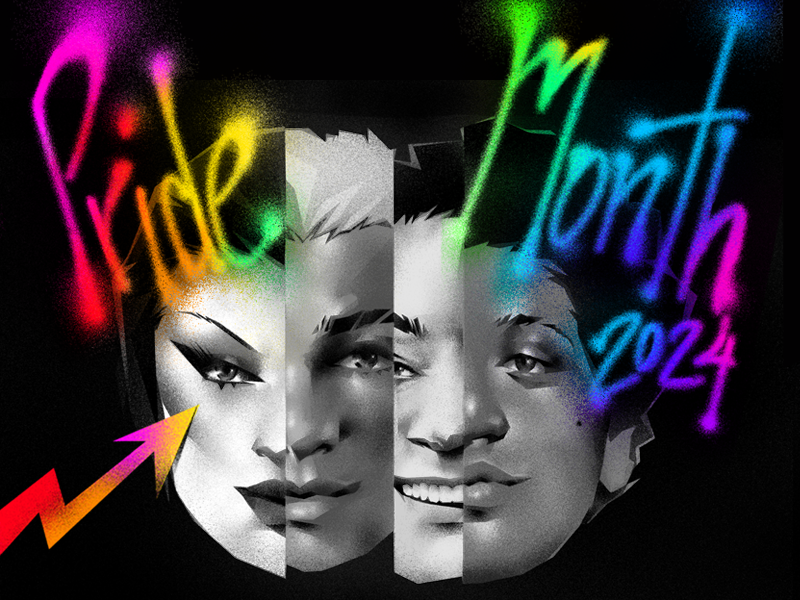 Graphic reads &quot;Pride Month 2024&quot; with a colorful design featuring three grayscale faces side by side, reflecting diverse expressions and identities