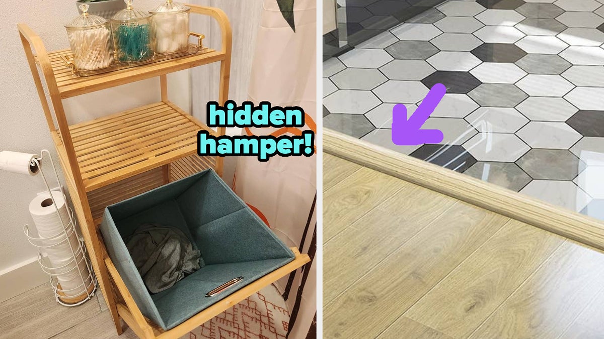 reviewer's bamboo storage shelf in bathroom with hidden hamper compartment revealed / the wood vinyl transition strip installed on threshold of floor