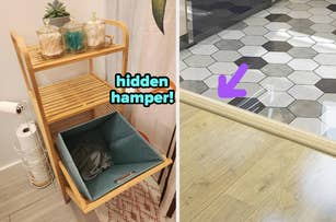 reviewer's bamboo storage shelf in bathroom with hidden hamper compartment revealed / the wood vinyl transition strip installed on threshold of floor