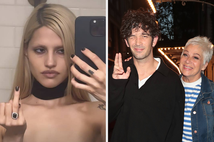 On the left, Amelia Gray takes a mirror selfie, raising her middle finger. On the right, Matty Healy poses with Denise Welch, both smiling and raising similar gestures