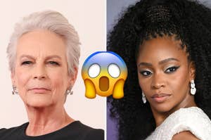 Jamie Lee Curtis (left) in a formal outfit and Teyonnah Paris (right) in a glamorous gown, both posing for photos with a shocked face emoji in the center